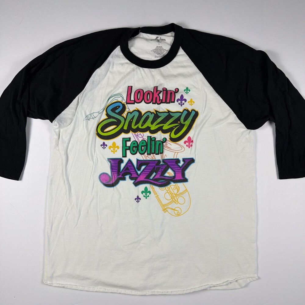 Universal Studios Lookin Snazzy Jazzy Shirt Mens Large White Raglan 3/4 Sleeve